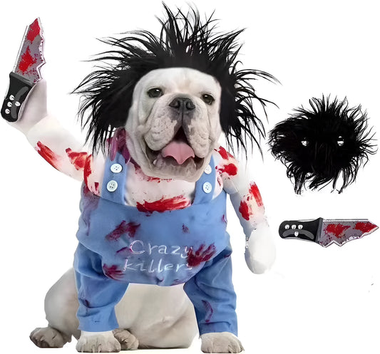 Pet costume with bloody doll design and sand carving details for cats and dogs in five sizes