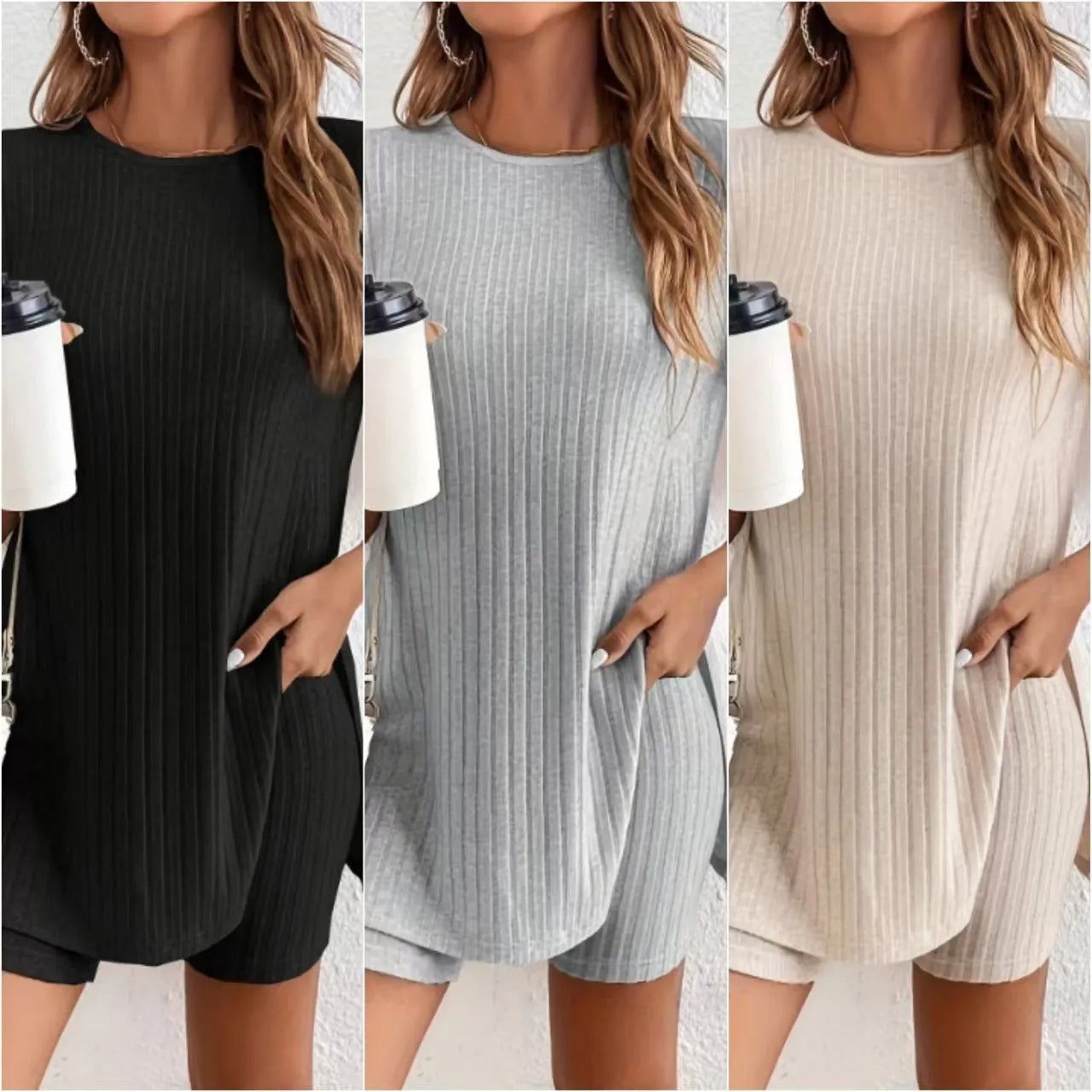 Women's cotton crew neck short sleeve shorts suit in black, grey or khaki with ribbed texture details