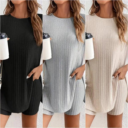 Women's cotton crew neck short sleeve shorts suit in black, grey or khaki with ribbed texture details
