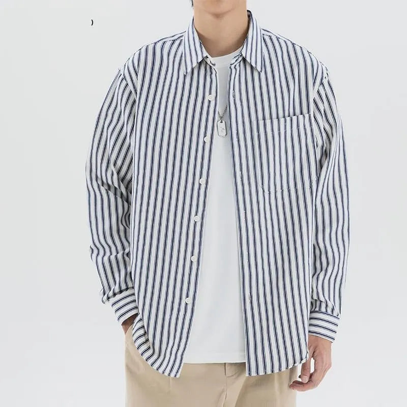 Loose striped shirt in blue or black, cardigan style, polyester blend, sizes M to 3XL for teenagers