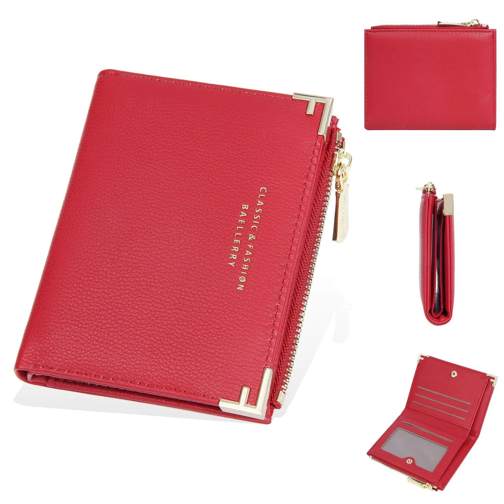 Slim pink PU leather women's wallet with card slots and a zipper coin compartment.