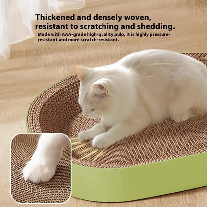 Green oval corrugated paper cat scratch board with 55cm diameter and integrated cat nest