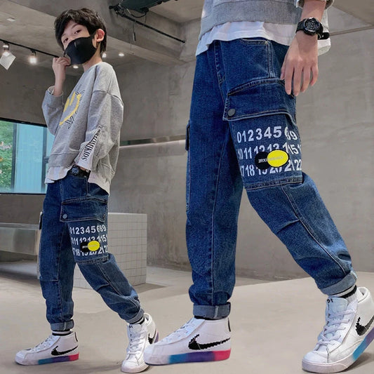 Blue printed fashion girdled jeans for boys with elasticated rubber band waistband and Korean style cut