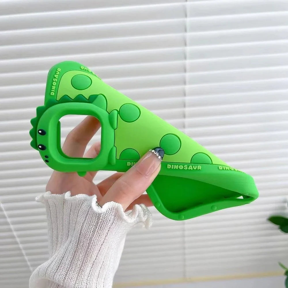 Green polka dot dinosaur silicone phone case showing back design and side protection for iPhone