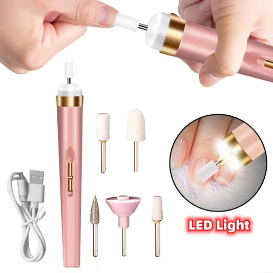 Cordless electric nail drill with LED light and multiple attachments for manicure and pedicure use