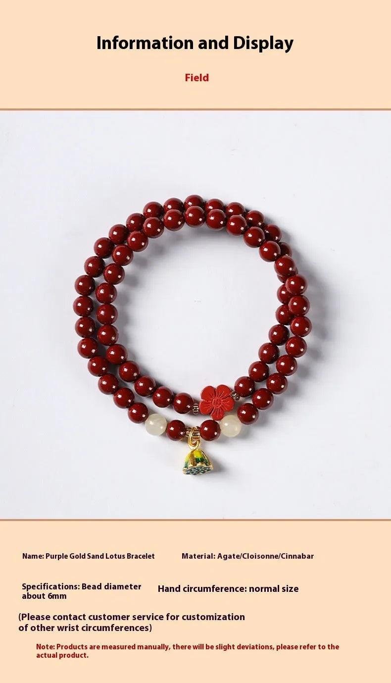 Close-up of a hand-woven purple gold cinnabar bead bracelet with a lotus seedpod charm.