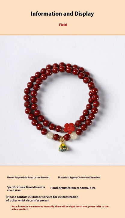 Close-up of a hand-woven purple gold cinnabar bead bracelet with a lotus seedpod charm.