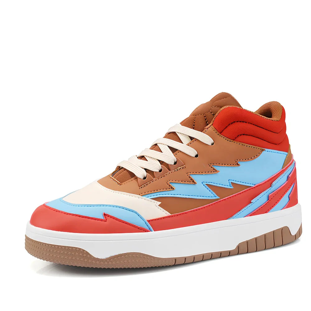 Men's high-top lace-up sneakers in brown with artificial leather uppers and rubber soles showing round toe design