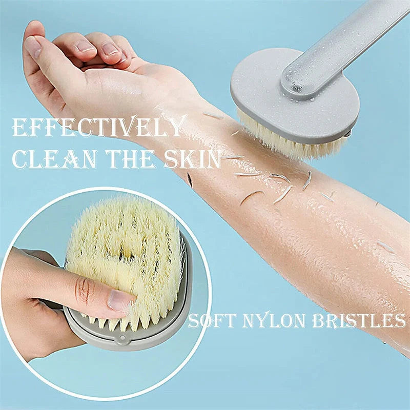 Dual-purpose shower brush with detachable head and built-in shower gel reservoir