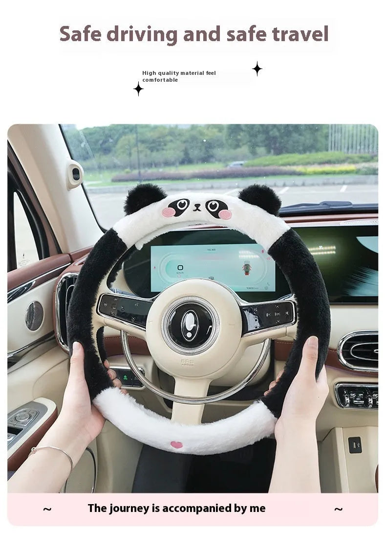 Plush steering wheel cover with rabbit fur embroidery showing cartoon animal design on 38cm diameter