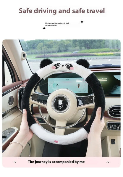 Plush steering wheel cover with rabbit fur embroidery showing cartoon animal design on 38cm diameter