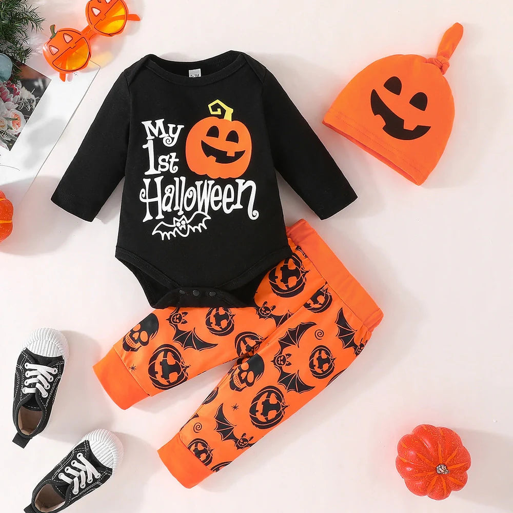 Baby wearing Halloween jumpsuit, trousers, and hat set with letters pattern and removable hood
