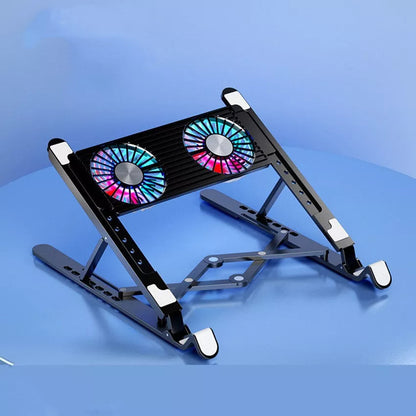 Folding laptop stand with silent cooling fan in black and white