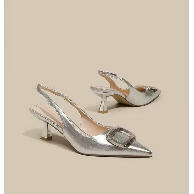 Pointed toe high heels with French square buckle, microfiber upper, rubber sole, sizes 35-39
