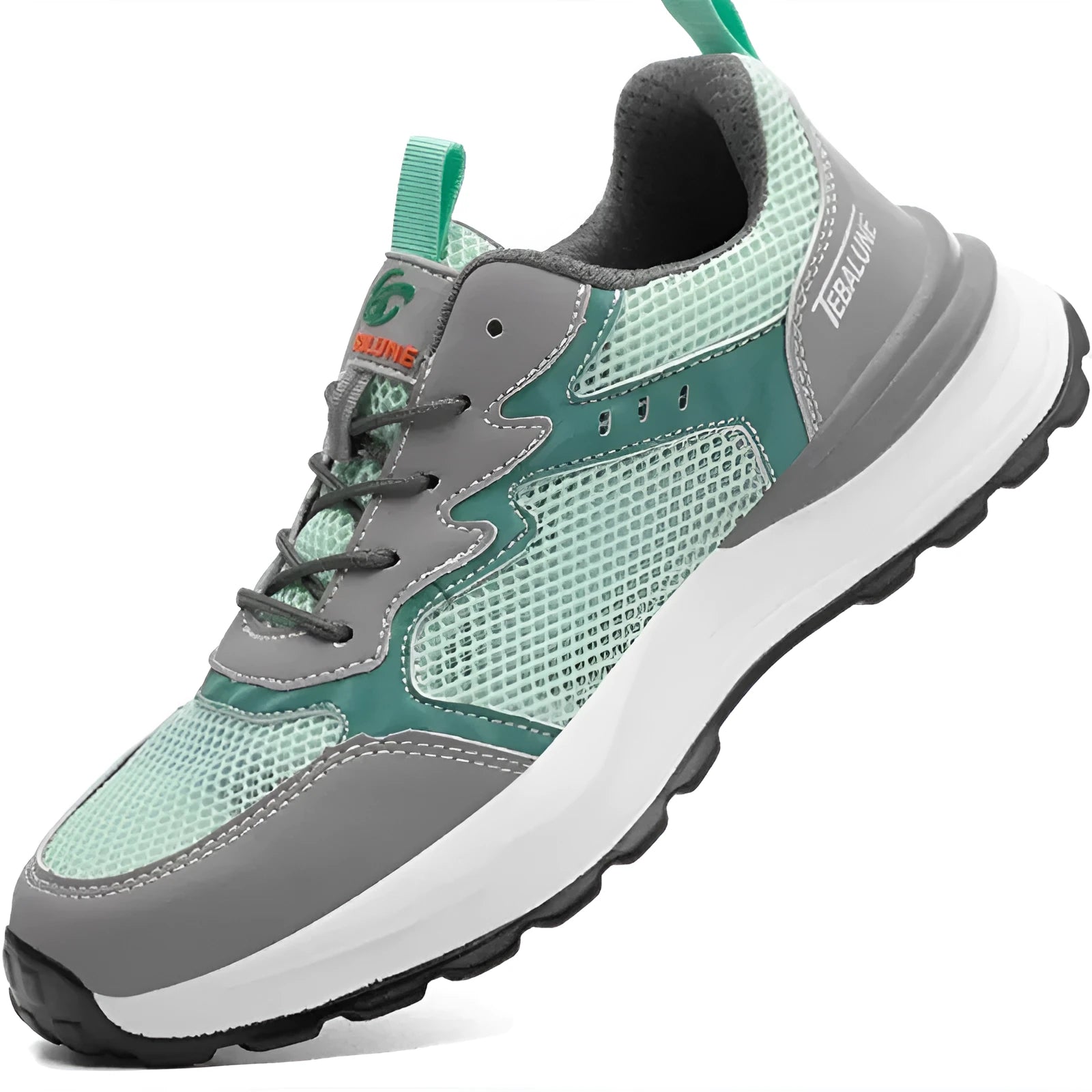 Green work safety shoes with mesh upper and plastic toe cap protection on TPU sole