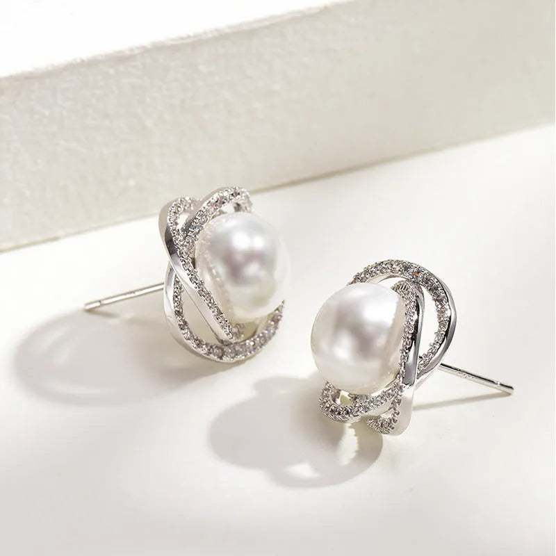 Rose pearl stud earrings with silver needle, rhinestone inlay, copper geometric circle design, white or yellow gold colour.