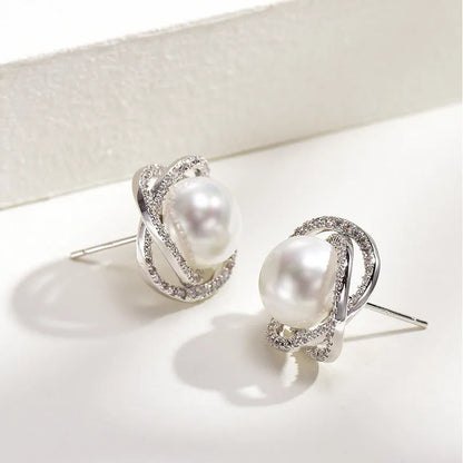Rose pearl stud earrings with silver needle, rhinestone inlay, copper geometric circle design, white or yellow gold colour.