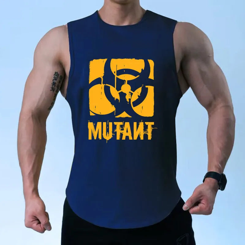 Loose-fit polyester workout tank top in multiple colours on a size chart.