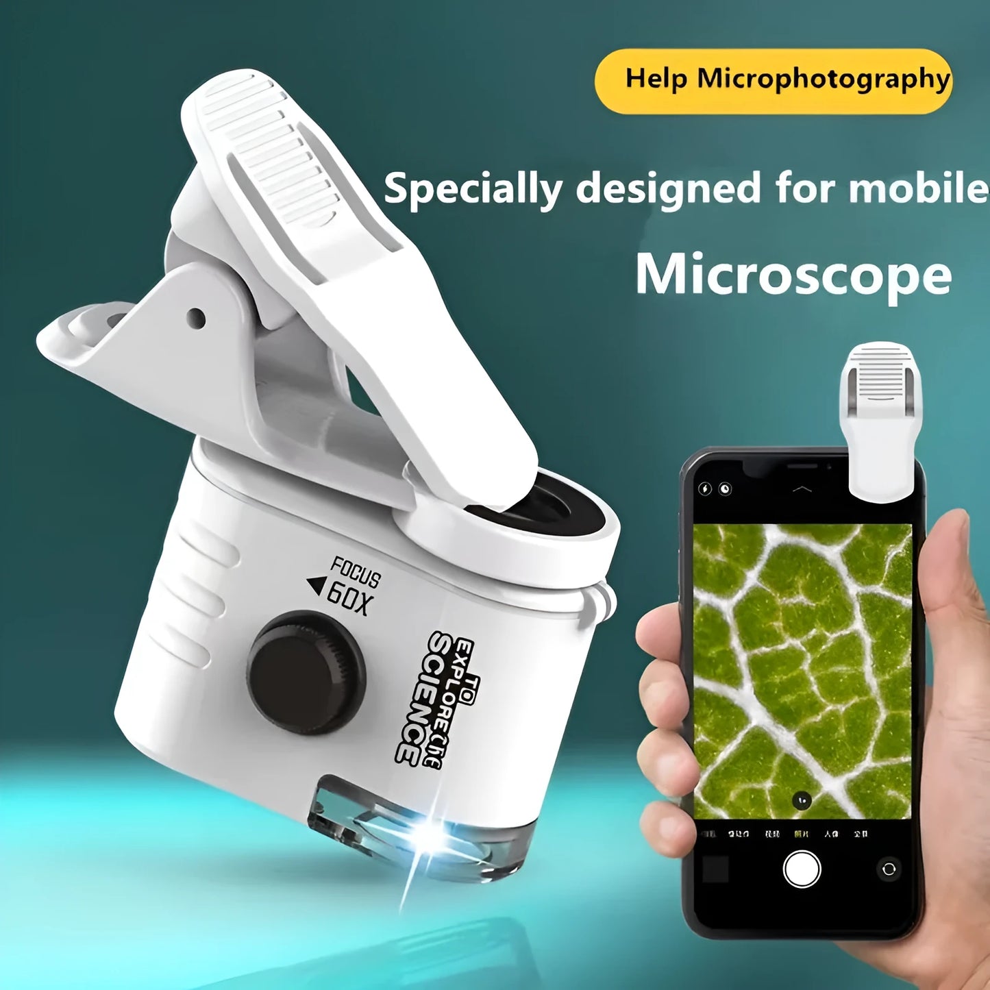 White mini mobile phone microscope with LED light and detachable clip-on adapter next to a smartphone.