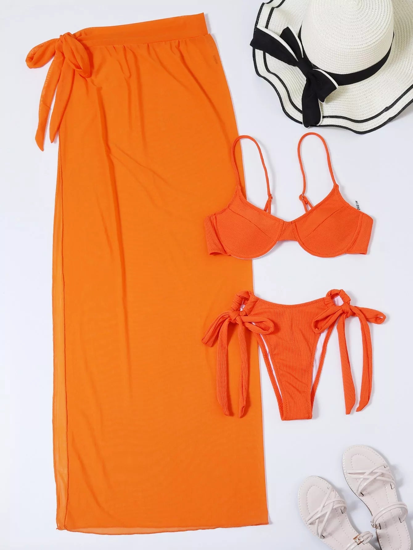 Three Piece Mesh Skirt Bikini in white, orange, caramel, and black colors