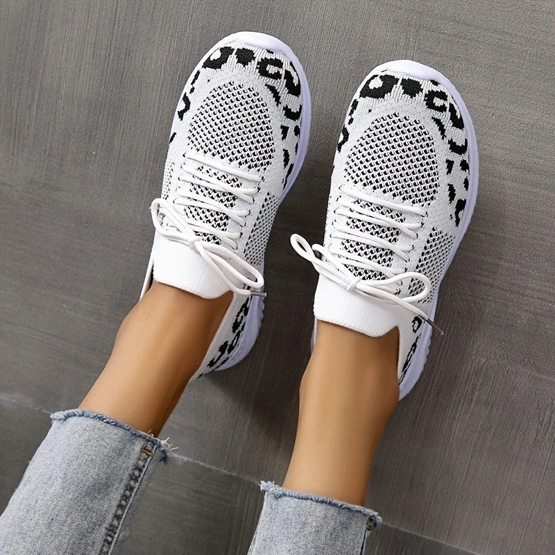 Women's leopard print lace-up sneakers with medium heel and breathable net cloth upper