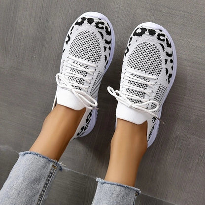 Women's leopard print lace-up sneakers with medium heel and breathable net cloth upper