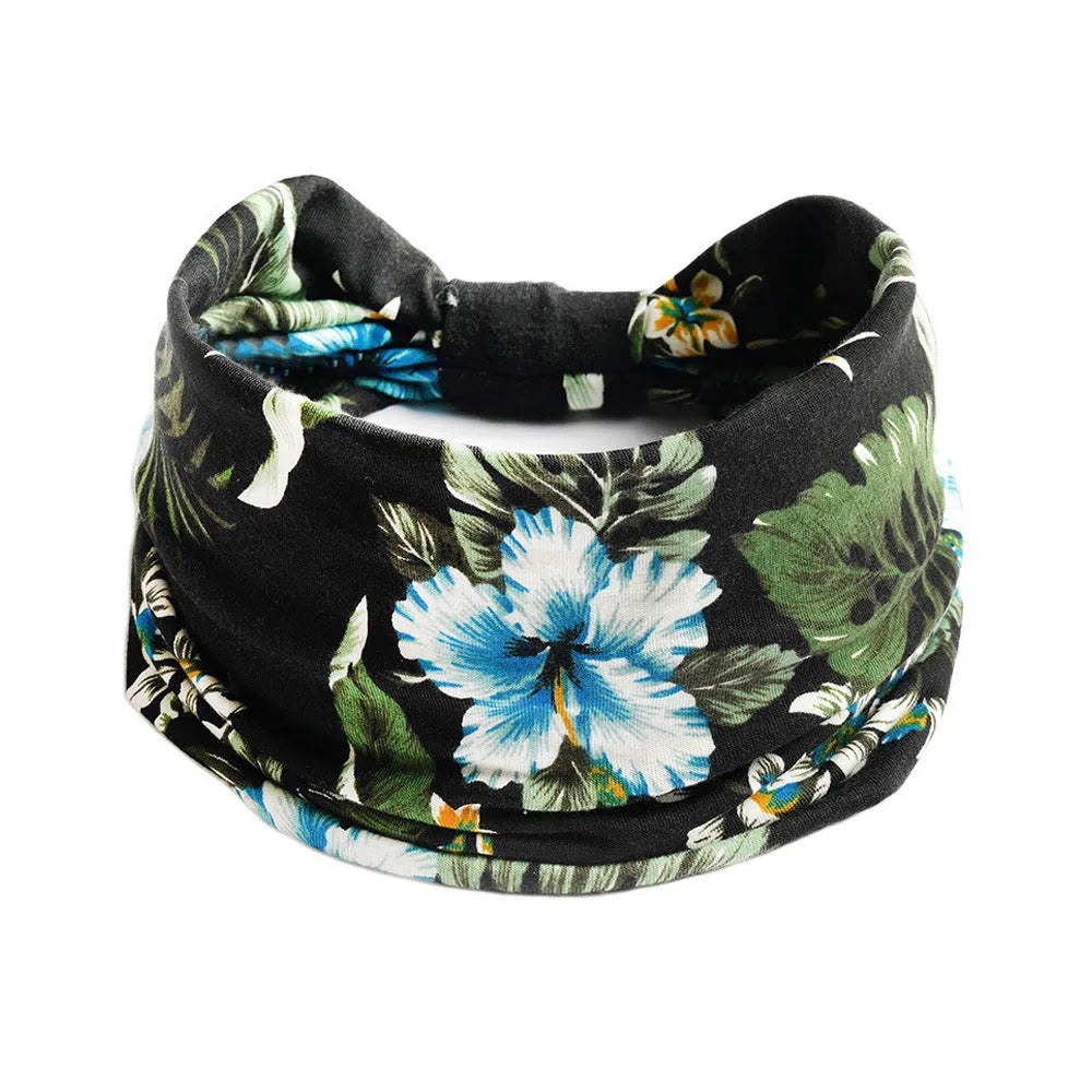 Bohemian cloth yoga sports headband with floral and polka dot patterns, available in multiple colours.