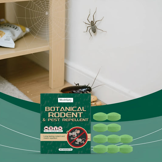 Ten grey animal repellent pills and three white mesh bags for warehouse and household pest control.