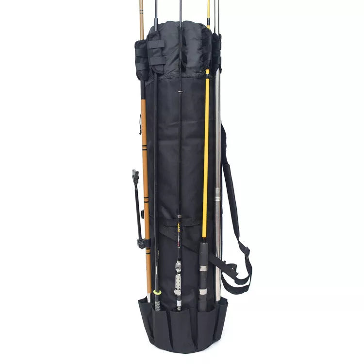 Cylindrical fishing bag for rods and gear in black or army green