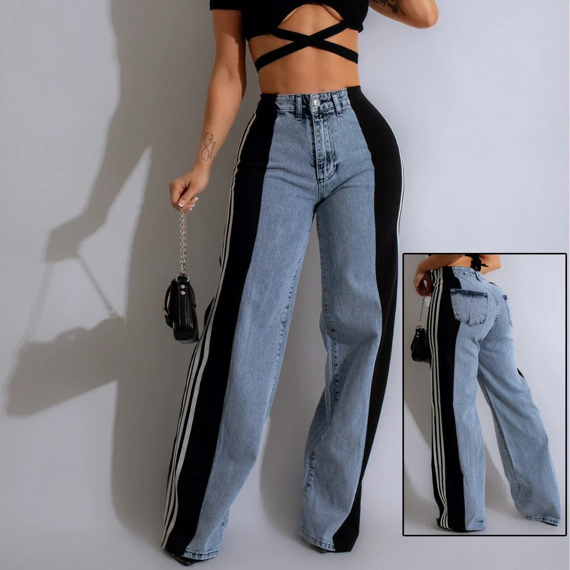 Stylish high-waist denim trousers with patchwork design, available in various color options