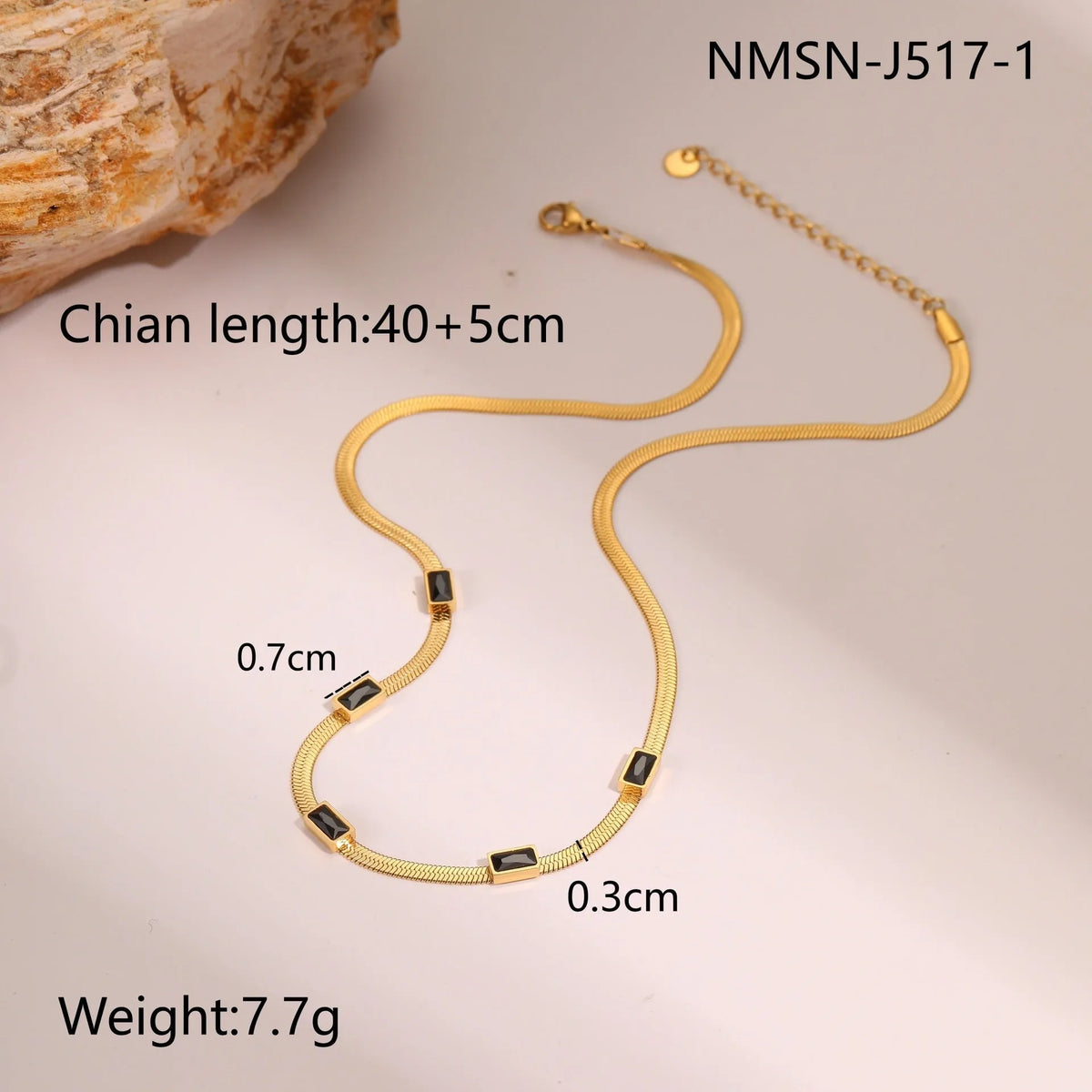 Retro geometric square zircon necklace with stainless steel construction and 18K gold plating on flat snake chain