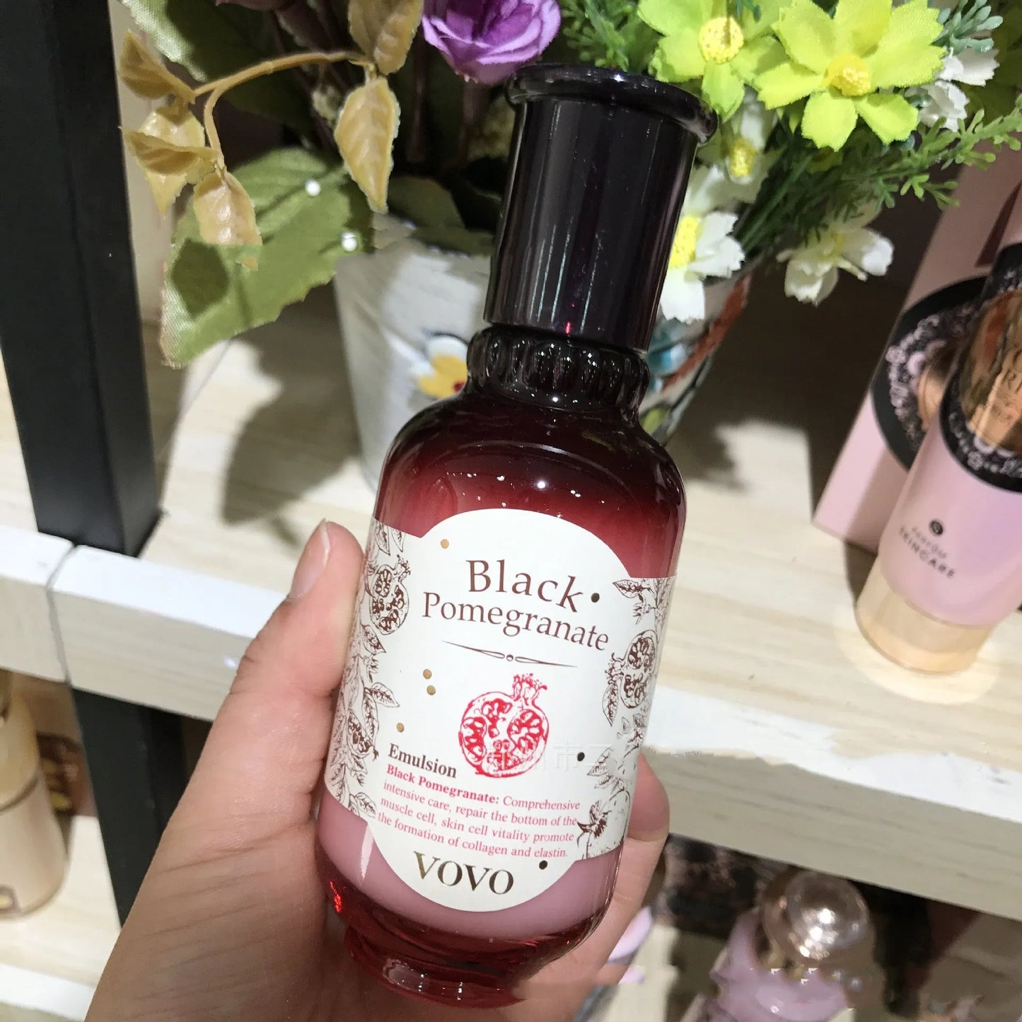 Six-product pomegranate skin care set including cleanser, cream, essence, eye cream, milk and water bottles
