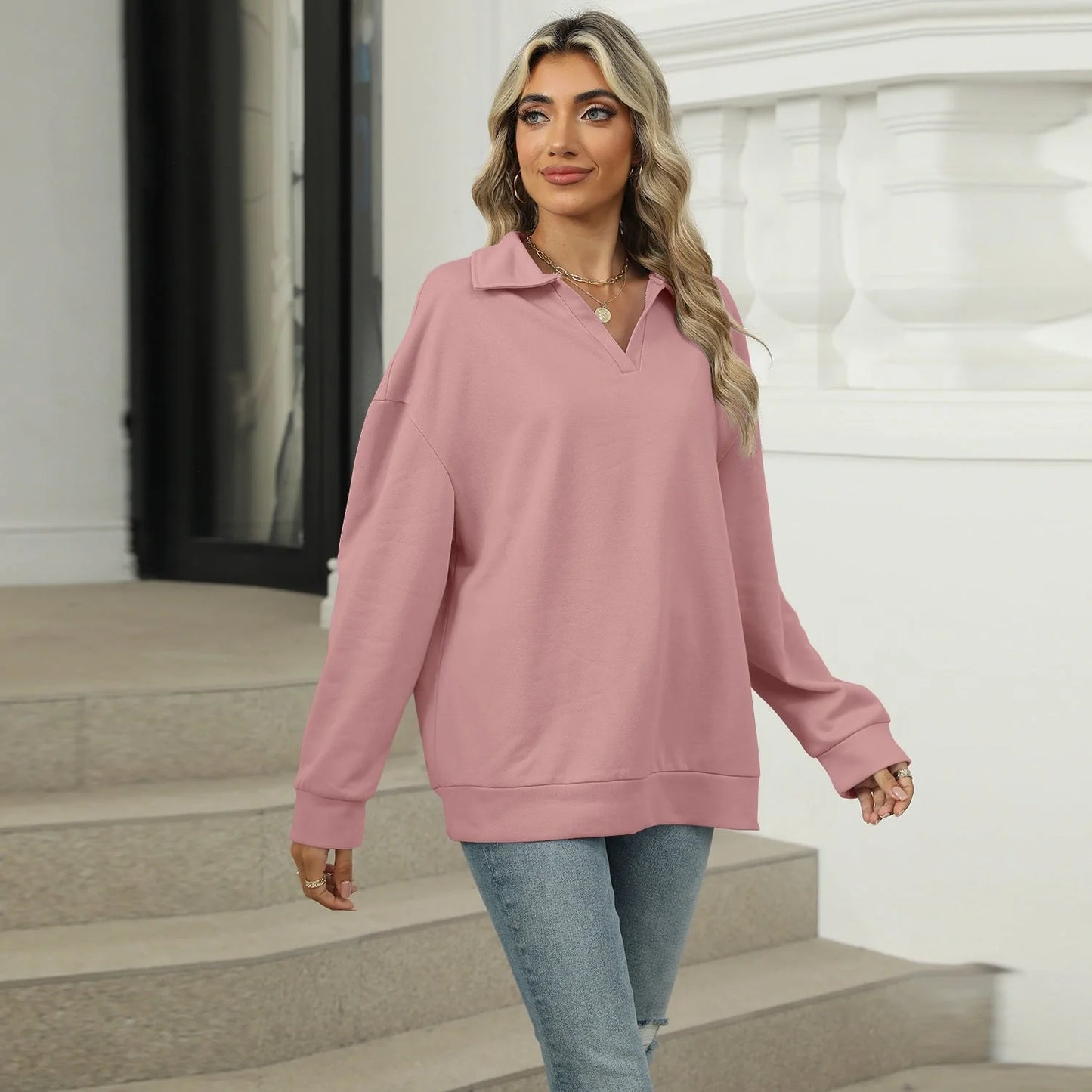 Stylish women's V-neck lapel sweatshirt in various colors