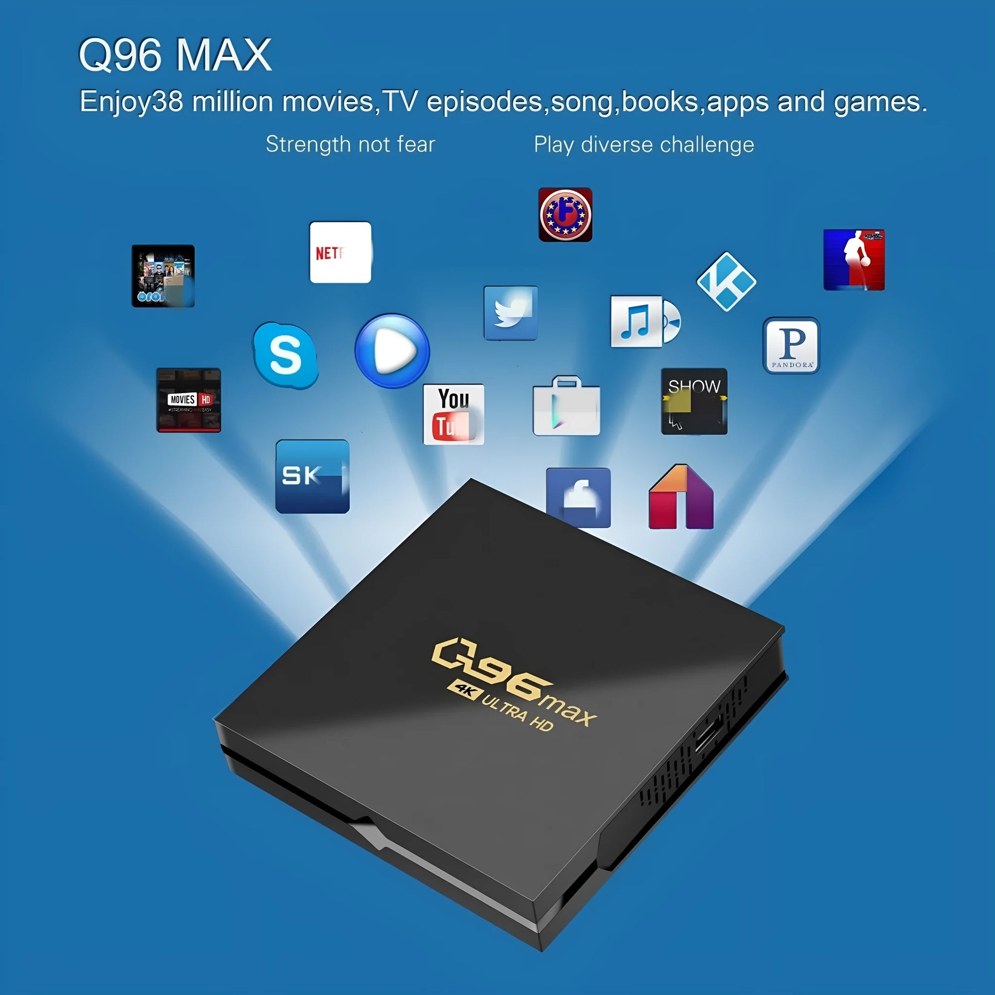 Q96 MAX Android TV set-top box with remote control and HDMI cable on a wooden surface.