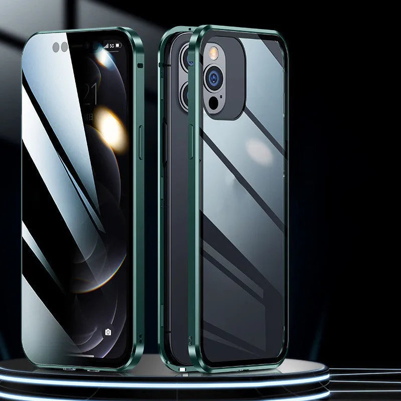 Double sided magnetic glass phone case in silicone for iPhone, available in black, red, silver, gold, dark green, emerald green and blue.