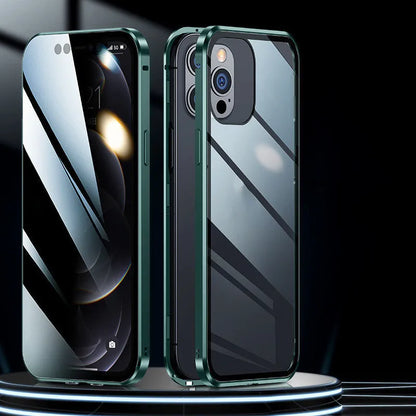 Double sided magnetic glass phone case in silicone for iPhone, available in black, red, silver, gold, dark green, emerald green and blue.