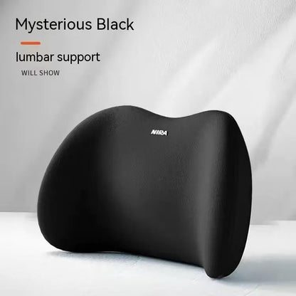 Black automotive headrest pillow and lumbar support pillow set with memory foam filler on a car seat