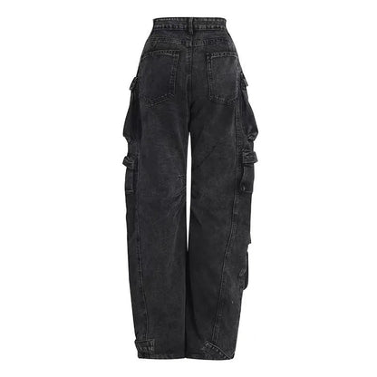 Women's high waist tie-dyed wide leg denim trousers with multiple pockets in street hipster style