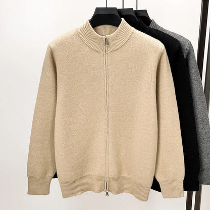 Men's black stand collar knitted cardigan with zipper front in loose fit thickened construction