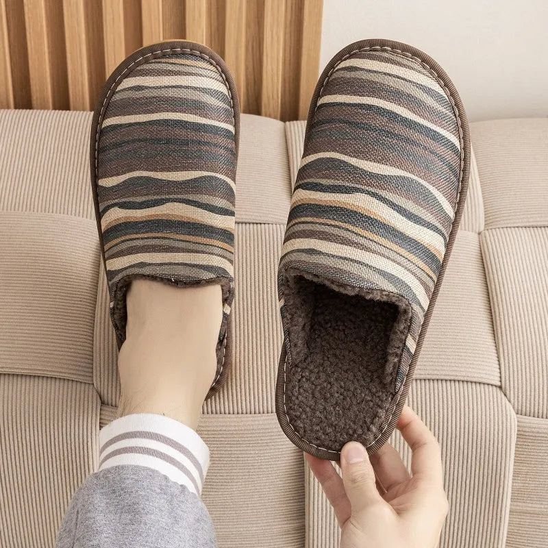 Pair of floral cotton slippers with linen-texture upper and light PVC sole for home wear.