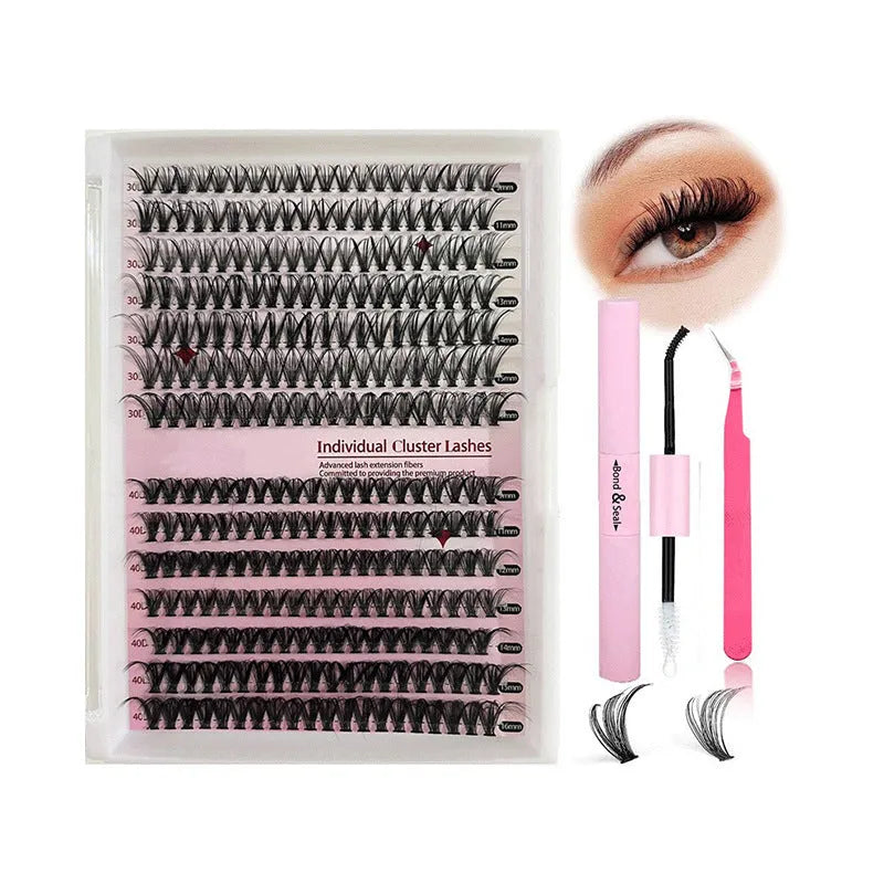DIY cluster false eyelashes mixed package showing boxes of 30D and 40D lashes with tweezers