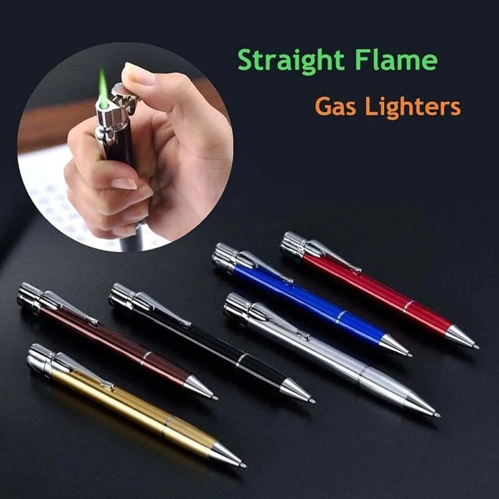 Silver metal pen-style jet lighter with side ignition button and windproof flame.