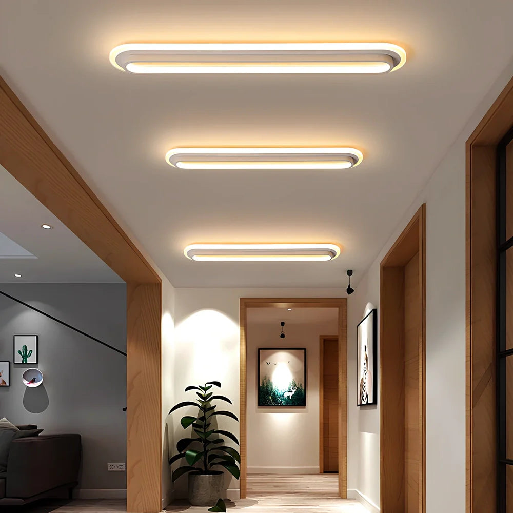 Rectangular ceramic LED ceiling light with iron body in black or white finish, dimensions 480-1000mm x 150mm x 50mm