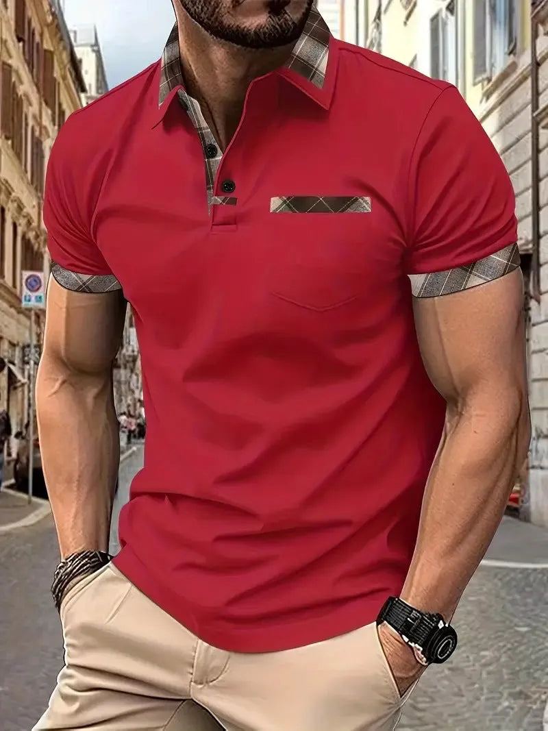 Men's short sleeve plaid colourblock t-shirt with zipper decoration in various colours and sizes