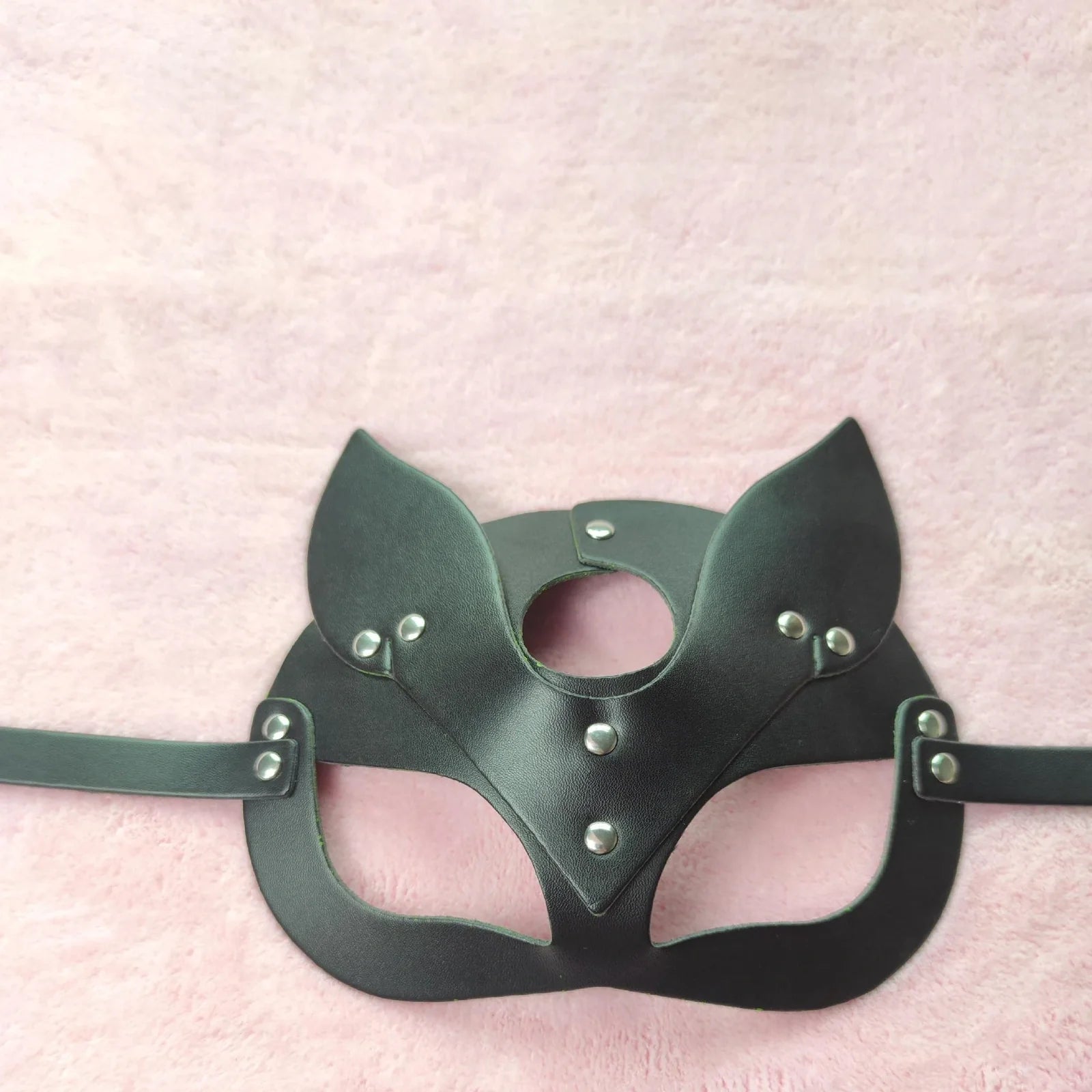 Black leather BDSM harness set showing adjustable 1.5cm width and four-piece coordinated design