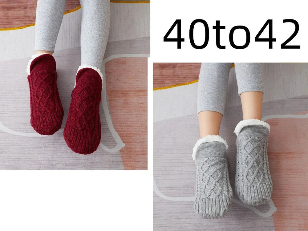 Winter woolen socks with V-opening design and anti-slip dots on soles in navy blue colour