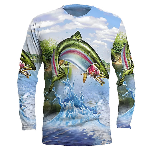 Men's grey pullover top with a colourful printed fish design on the front, showcasing long sleeves and a round neck.