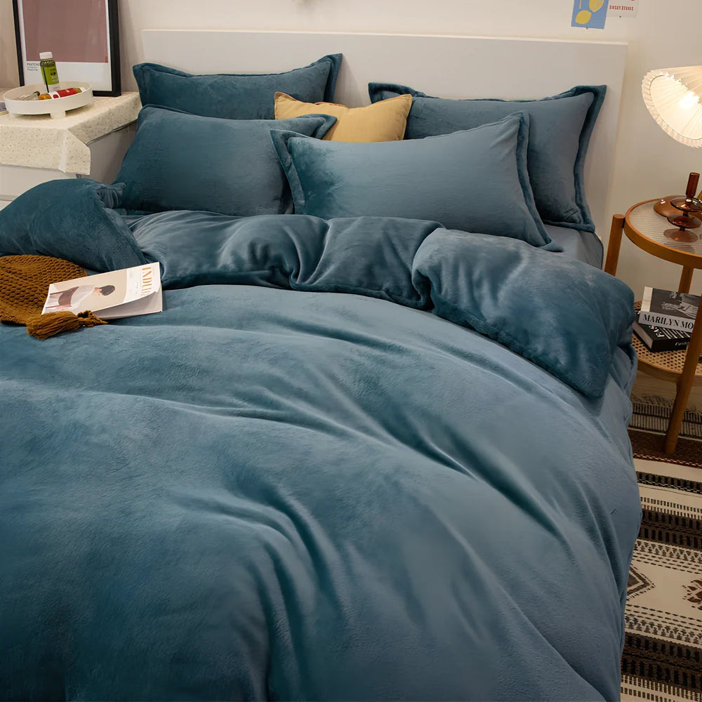 Double-sided fleece duvet cover showing goose yellow and light grey reversible sides