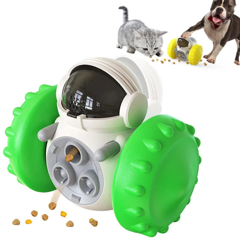 Interactive dog toy with food dispenser in yellow, green, and blue for mental stimulation