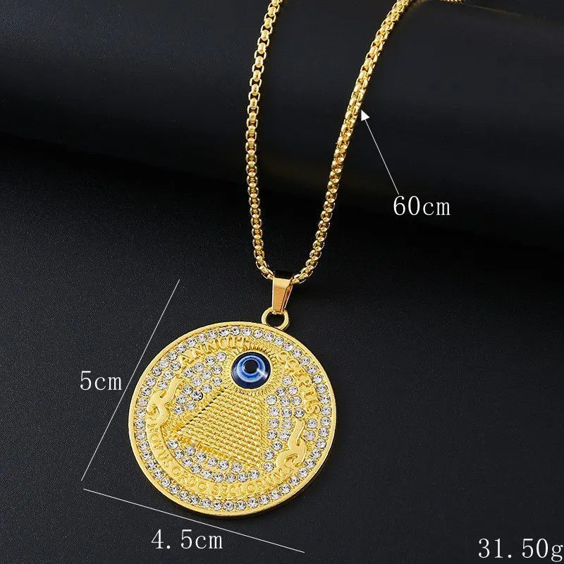 Gold tone geometric alloy necklace with a central square zircon stone pendant on a chain.